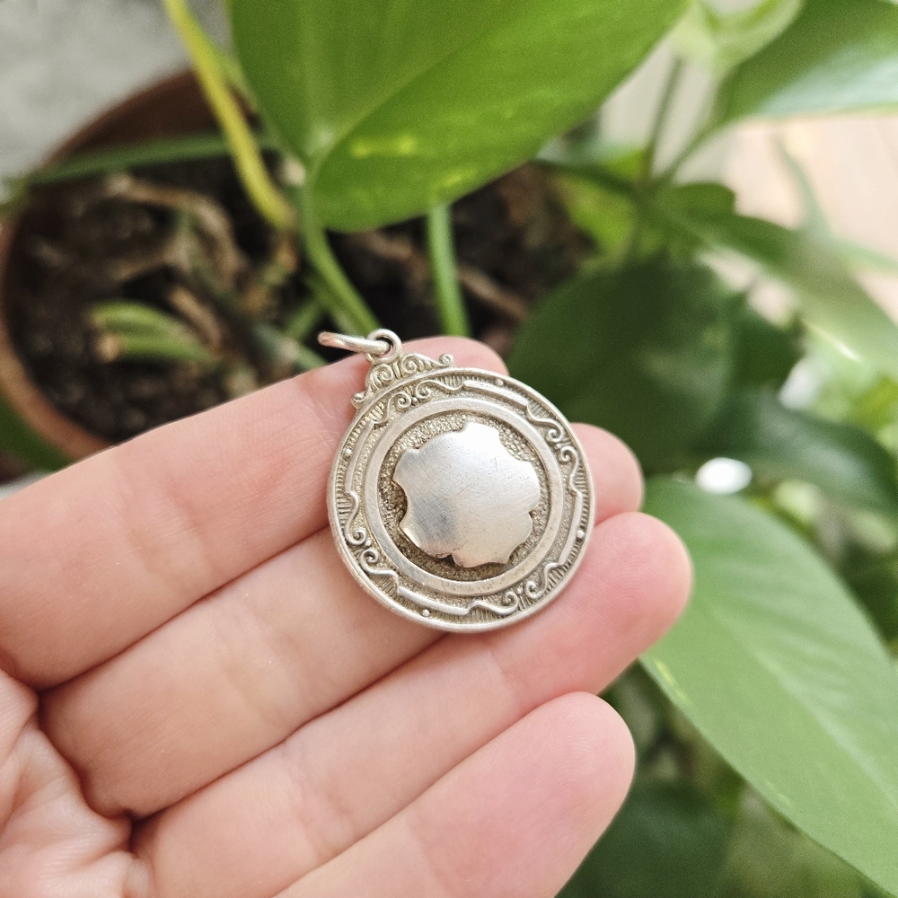 Vintage British Ornate Silver Shield Medal Pendant